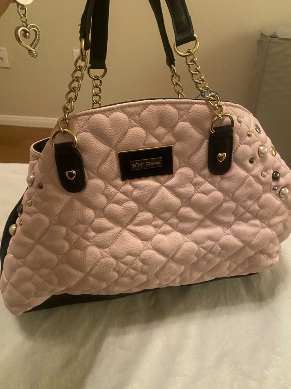 Betsey Johnson Light Pink Quilted Heart Tote with Gold Chain Handles
